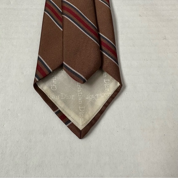 Christian Dior Tie Brown with Tiny Red & Cream Stripes Luxury Wear w/Logo - Picture 5 of 8